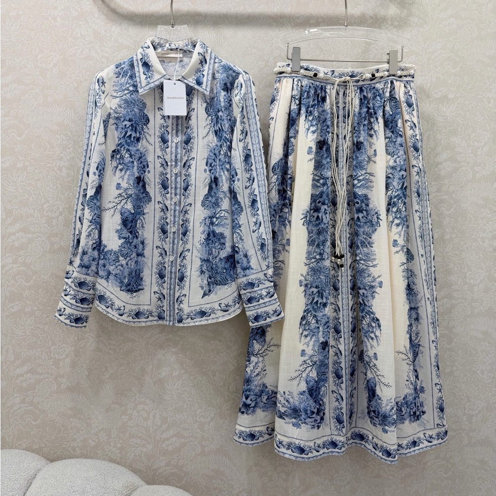 Zimmermann Blue and White Toile Maxi Skirt